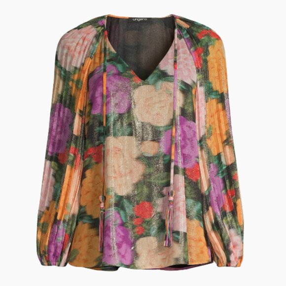 Emanuel Ungaro Tops - UNGARO Ariel Foiled Garden Blouse Womens XS Apricot Multi Floral Print NWT $595